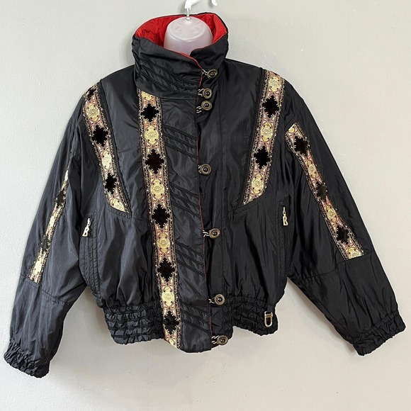 Vintage Bogner‎ Ski Jacket Western Boho Apres-Ski Black Gold 80s Maximalist Sz 8 - Picture 1 of 15